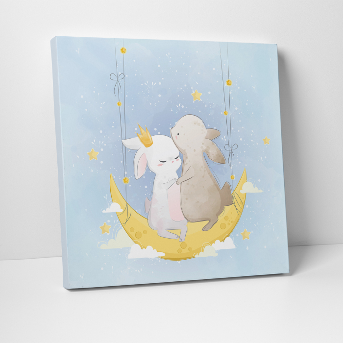 Tablou canvas cu desene pentru camera copiilor, Cuplu de iepurasi pe luna [3]