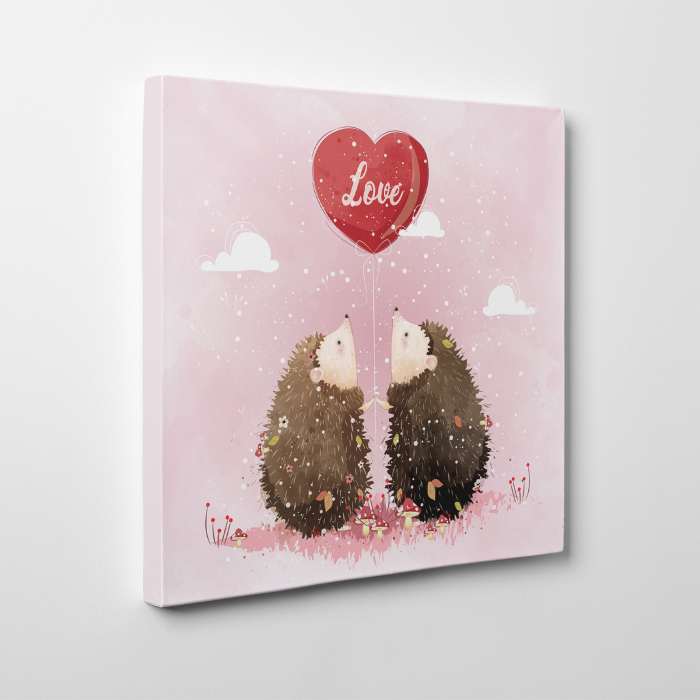 Tablou canvas cu desene pentru camera copiilor, Cuplu de arici sub un balon inimioara [3]
