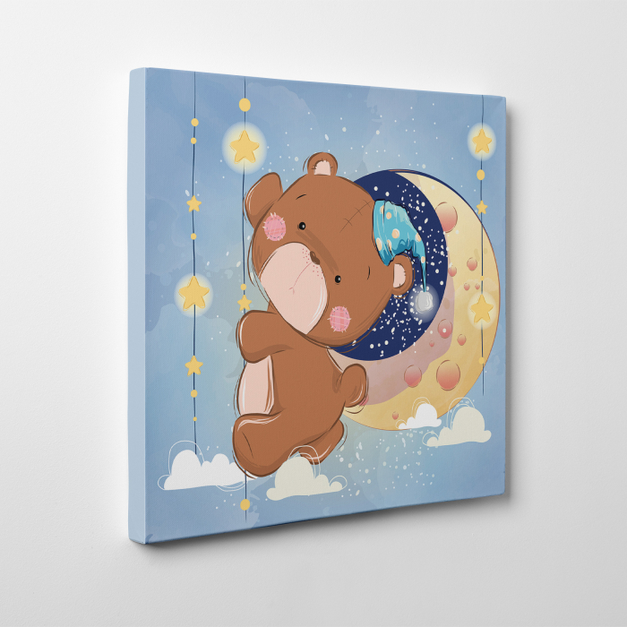 Tablou canvas cu desene pentru camera copiilor, Ursuletul se urca pe luna [3]