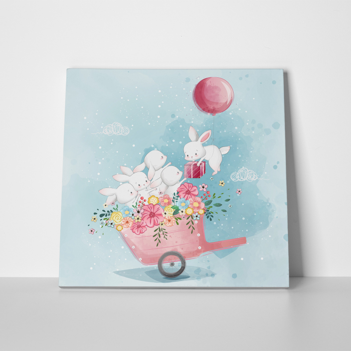 Tablou canvas cu desene pentru camera copiilor, Iepurasi in carucior cu flori [2]