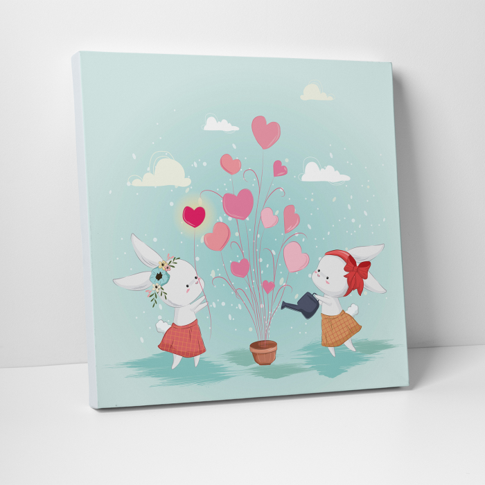 Tablou canvas cu desene pentru camera copiilor, Iepurasii ingrijesc florile [3]