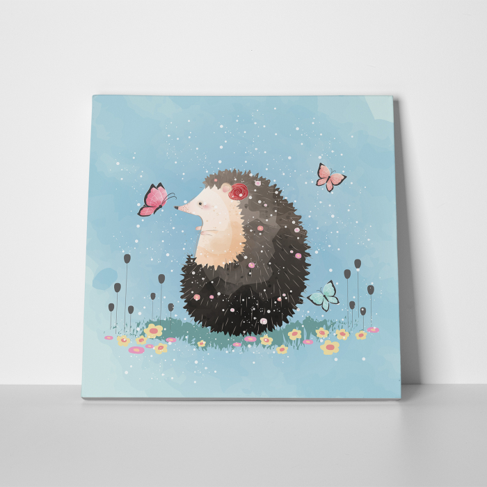 Tablou canvas cu desene pentru camera copiilor, Un arici simpatic se joaca cu fluturasii [2]