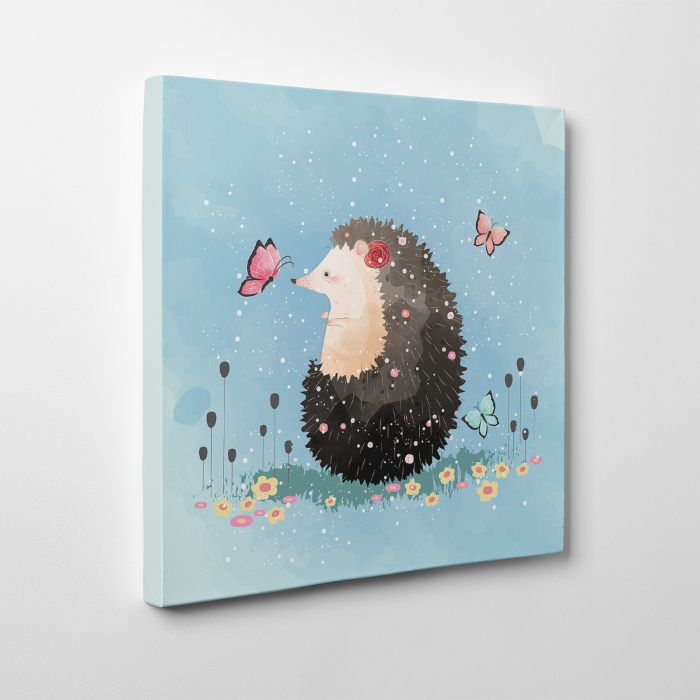 Tablou canvas cu desene pentru camera copiilor, Un arici simpatic se joaca cu fluturasii [3]