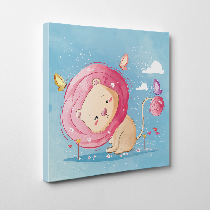 Tablou canvas cu desene pentru camera copiilor, Leul cu coama roz [3]