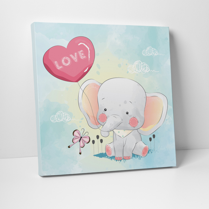 Tablou canvas cu desene pentru camera copiilor, Elefant cu balon inimioara [3]