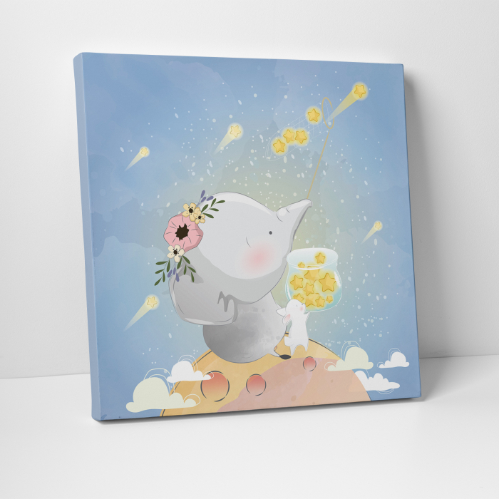 Tablou canvas cu desene pentru camera copiilor, Elefantul si iepurasul priveste stelele cazatoare [3]