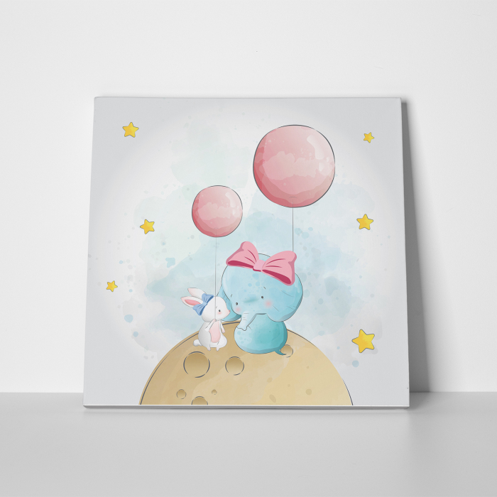 Tablou canvas cu desene pentru camera copiilor, Elefant si iepuras impreuna [2]