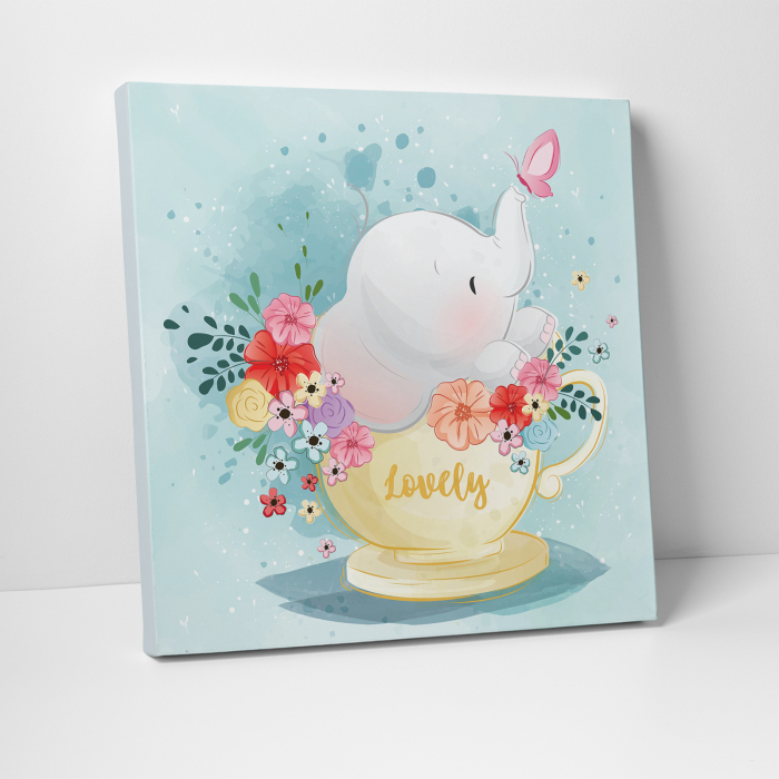 Tablou canvas cu desene pentru camera copiilor, Elefant intr-o ceasca de primavara [3]