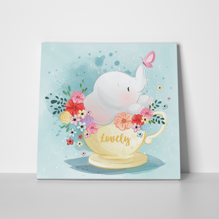 Tablou canvas cu desene pentru camera copiilor, Elefant intr-o ceasca de primavara [2]