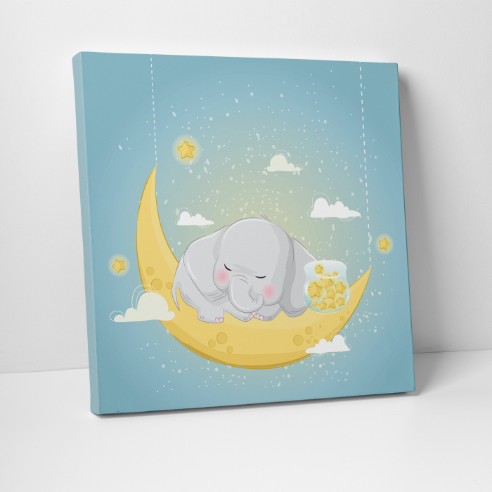 Tablou canvas cu desene pentru camera copiilor, Elefantelul doarme cu stelele [3]