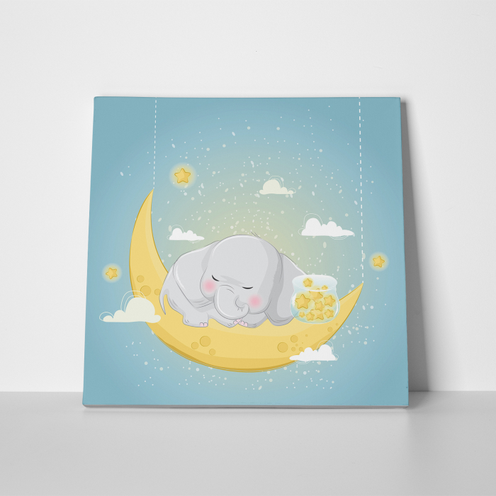 Tablou canvas cu desene pentru camera copiilor, Elefantelul doarme cu stelele [2]