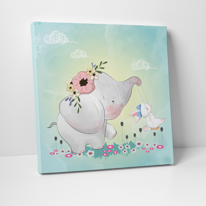 Tablou canvas cu desene pentru camera copiilor, Elefantul il da pe iepuras in leagan [3]