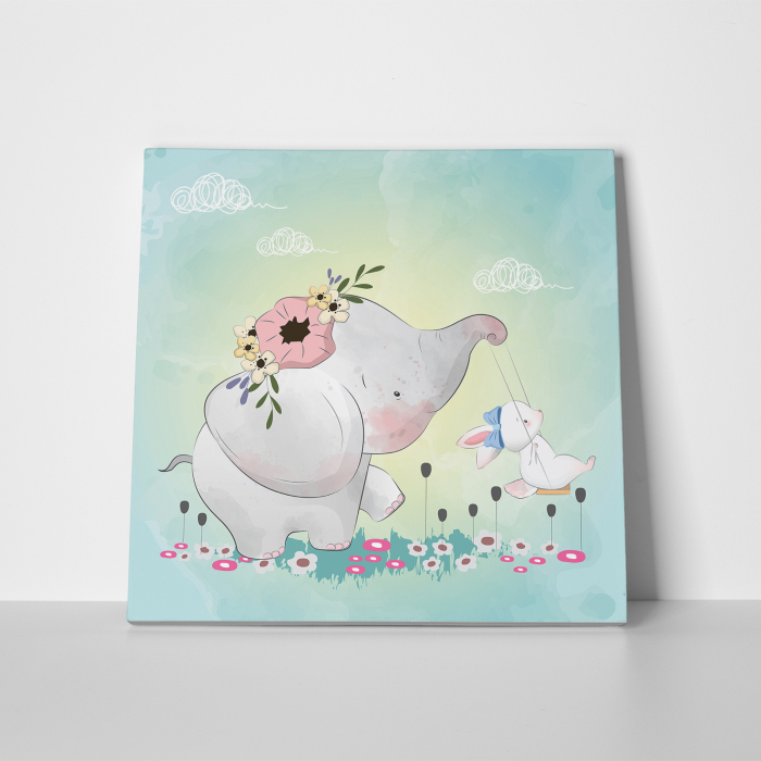 Tablou canvas cu desene pentru camera copiilor, Elefantul il da pe iepuras in leagan [2]