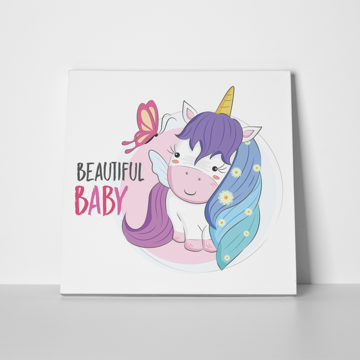 Tablou canvas cu desene pentru camera copiilor, Bebe unicorn cu parul colorat [2]