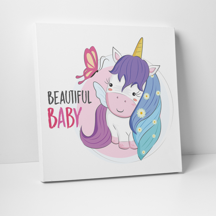 Tablou canvas cu desene pentru camera copiilor, Bebe unicorn cu parul colorat [3]