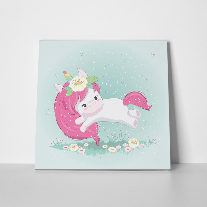 Tablou canvas cu desene pentru camera copiilor, Unicorn se joaca in gradina [2]