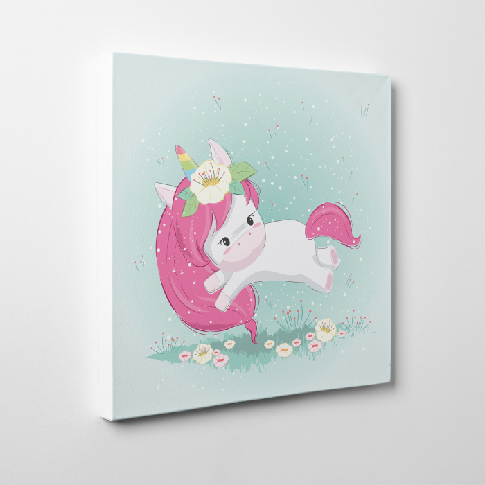 Tablou canvas cu desene pentru camera copiilor, Unicorn se joaca in gradina [3]