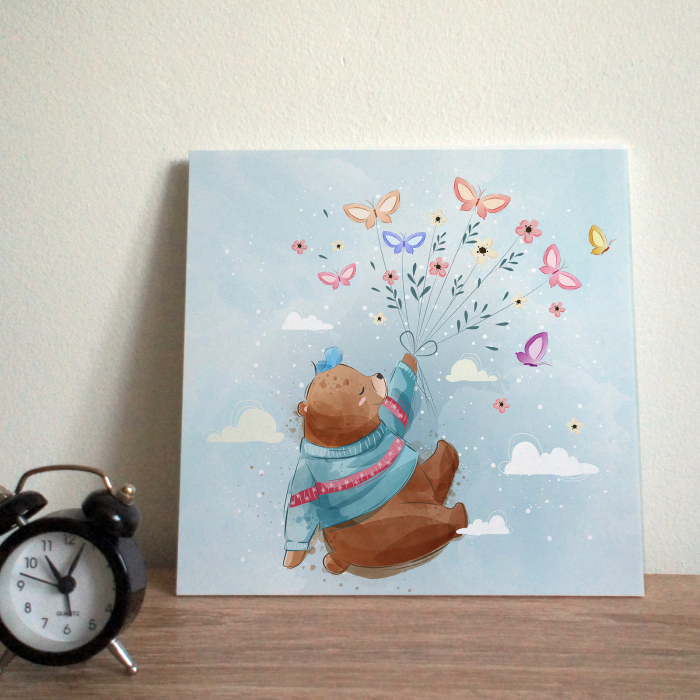 Tablou panou PVC cu desene pentru camera copiilor, Flying Bear with Butterflies [2]