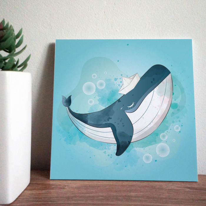 Tablou panou PVC cu desene pentru camera copiilor, Happy Baby Whale Wearing Paper Ship Hat [2]