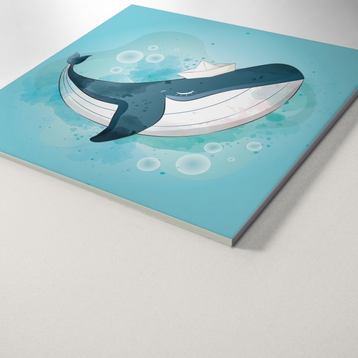 Tablou panou PVC cu desene pentru camera copiilor, Happy Baby Whale Wearing Paper Ship Hat [3]