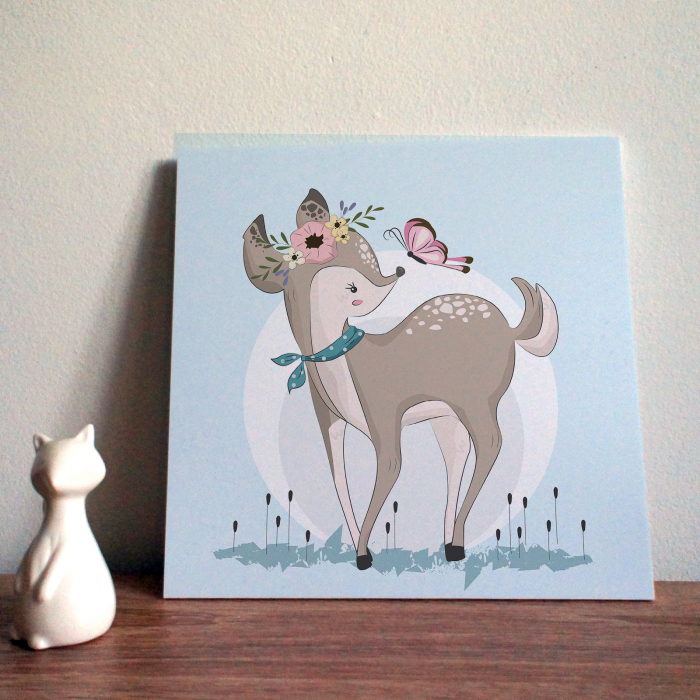 Tablou panou PVC cu desene pentru camera copiilor, Little Deer Playing with Butterfly [2]