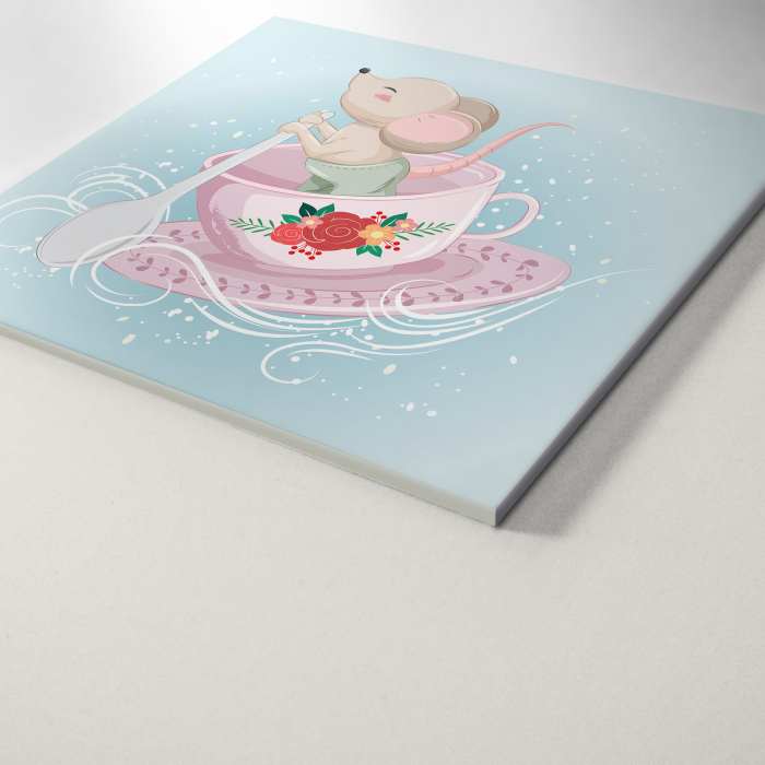 Tablou panou PVC cu desene pentru camera copiilor, Little Mouse Bowing on Tea Cup [3]