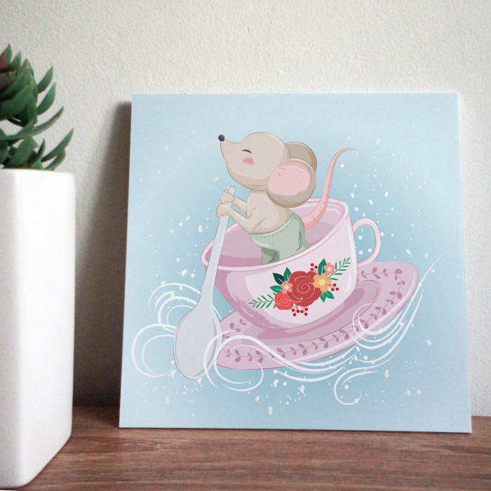 Tablou panou PVC cu desene pentru camera copiilor, Little Mouse Bowing on Tea Cup [2]