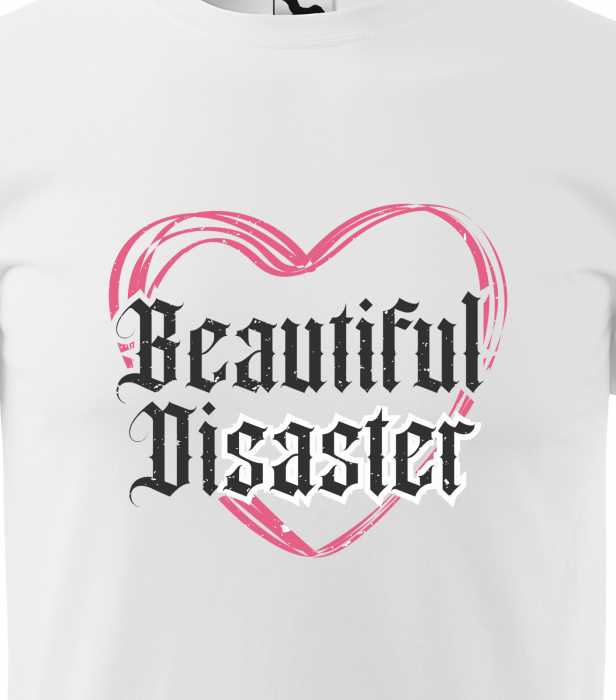 Tricou alb/negru cu mesaj, Beautiful Disaster [2]