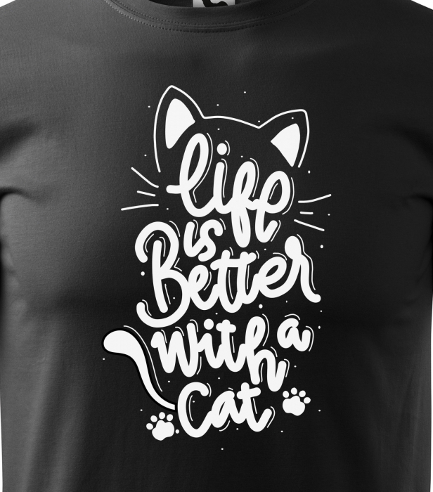Tricou alb/negru cu mesaj, Life is Better With a Cat [2]
