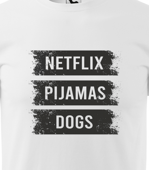 Tricou alb/negru cu mesaj, Netlix. Pijamas. Dogs [2]