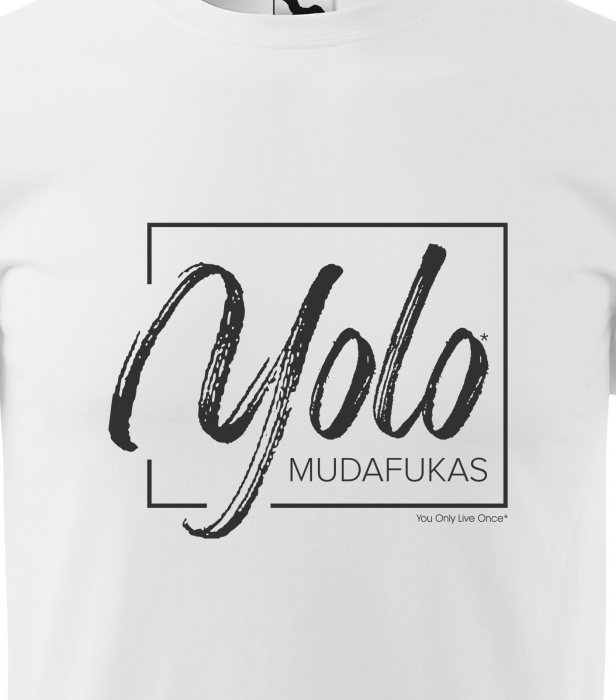 Tricou alb/negru cu mesaj, Yolo. Mudafukas [2]