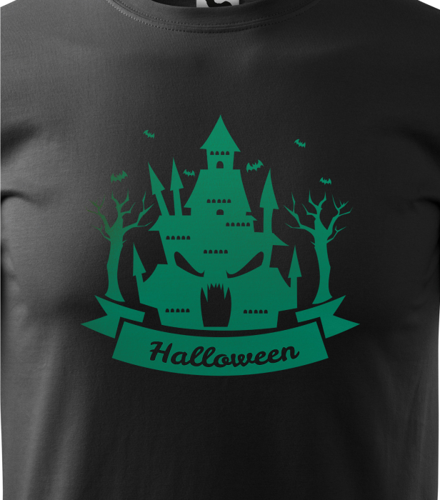 Detaliu Tricou Halloween Haunted Castle (Castel Bântuit) cu grafică verde neon [3]