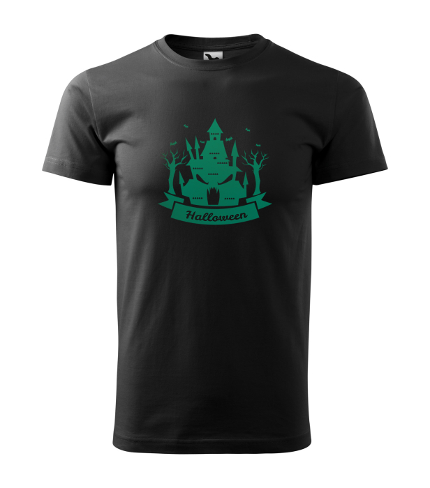 Detaliu Tricou Halloween Haunted Castle (Castel Bântuit) cu grafică verde neon [1]