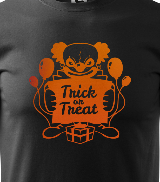 Detaliu Tricou Halloween Bad Clown (Clovn Rău) cu baloane și text Trick or Treat [3]