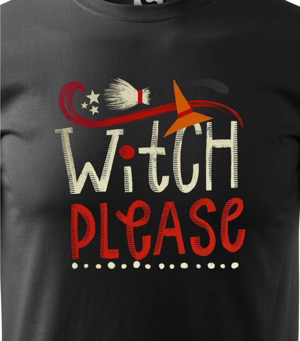 Detaliu Tricou Halloween Witch Please (Mătură) cu font tematic [3]