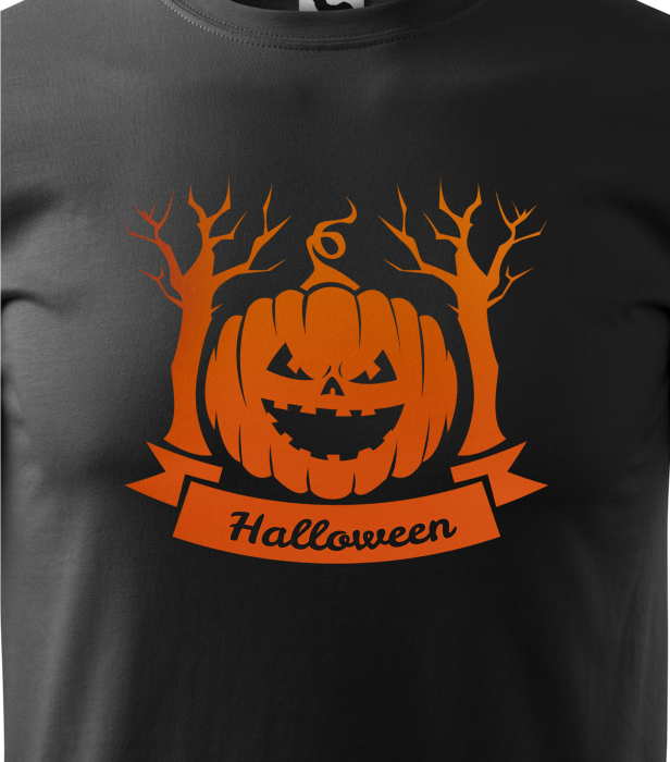 Detaliu Tricou Halloween Happy Pumpkin (Dovleac Vesel) pe fundal negru [3]