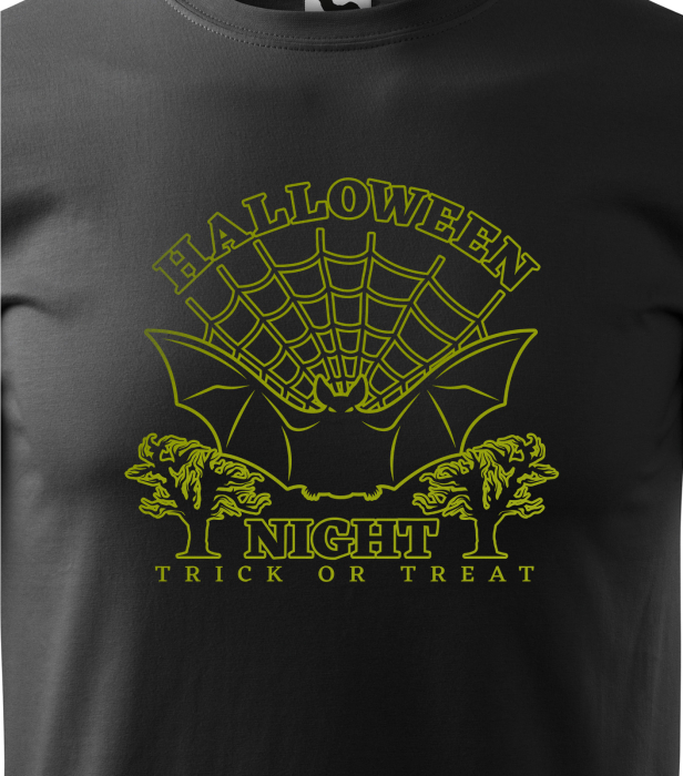 Detaliu Tricou Halloween Night Bat (Liliac) cu grafică verde neon și pânză de paianjen [3]