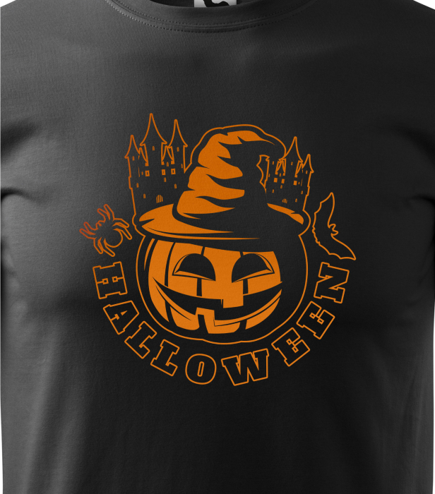 Detaliu Tricou Halloween Pumpkin with Hat (Dovleac și Pălărie) pe fundal negru [3]