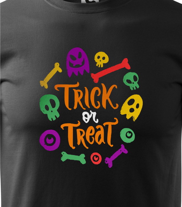 Detaliu Tricou Halloween Trick or Treat Colourful cu grafică în culori neon [3]