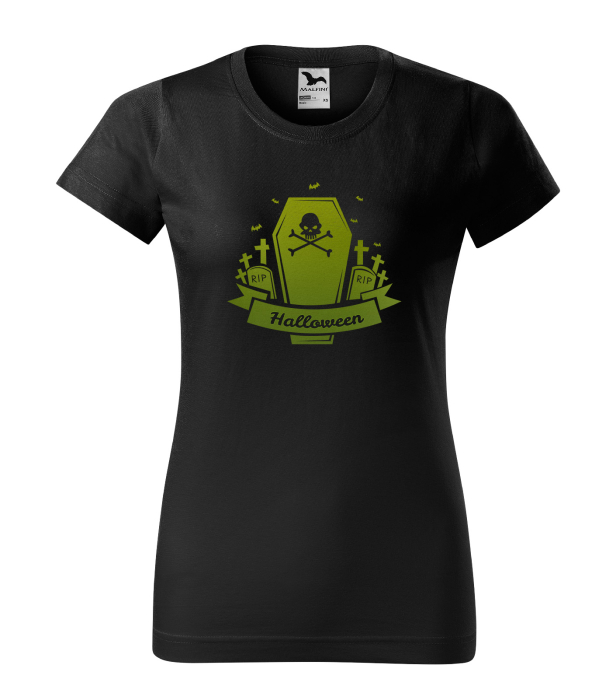 Detaliu Tricou Halloween Tomb (Mormânt) cu craniu și banderolă verde neon [2]