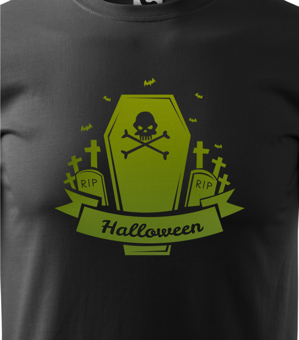 Detaliu Tricou Halloween Tomb (Mormânt) cu craniu și banderolă verde neon [3]