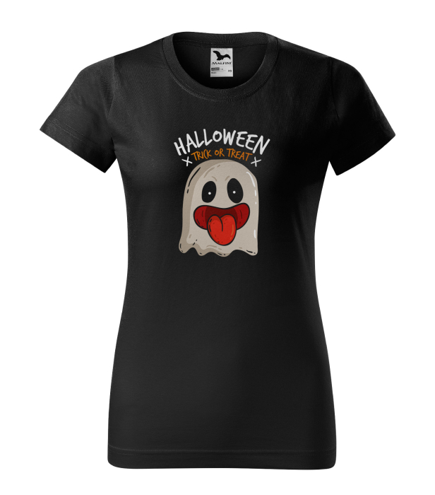 Model imbracat in tricou Halloween Trick or Treat Ghost pe fundal negru [2]