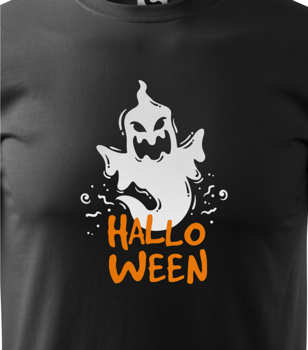 Detaliu Tricou Halloween White Ghost (Fantomă Albă) pe tricou negru [3]
