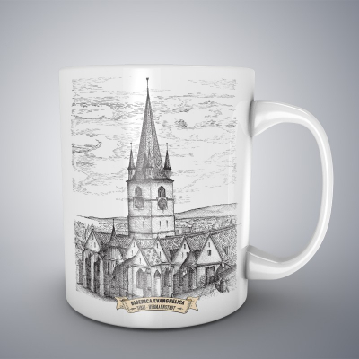 Cani ceramice - Cana ceramica alba pentru cafea/ceai, Biserica Evanghelica Sibiu