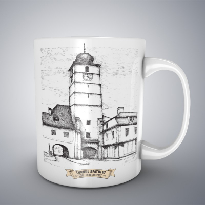 Cani ceramice - Cana ceramica alba pentru cafea/ceai, Turnul Sfatului Sibiu