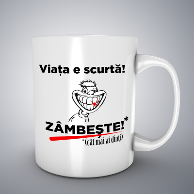 Cani ceramice - Cana ceramica alba pentru cafea/ceai, Viata e scurta, zambeste