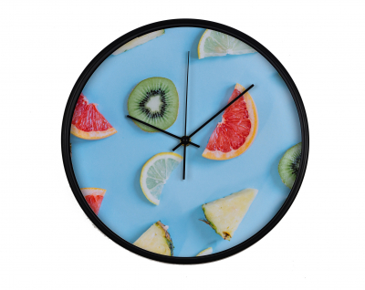 Ceasuri de perete - Ceas de perete, pentru o bucatarie moderna, Bucati de fructe exotice: ananas, kiwi, grepfruit