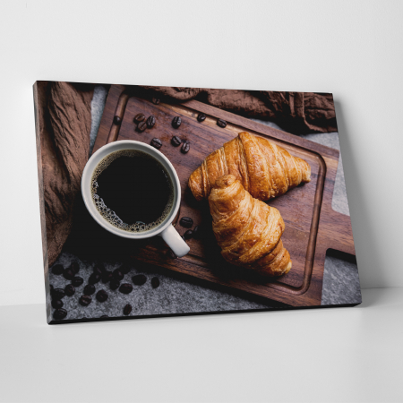 Tablouri canvas Bucatarie - Tablou canvas bucatarie, Cafea neagra & croisant cu unt