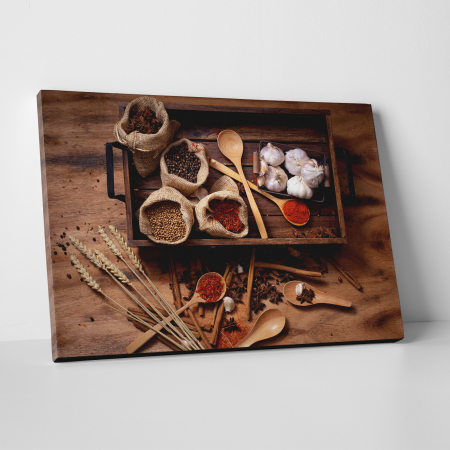 Tablouri canvas Bucatarie - Tablou canvas bucatarie, Tava din lemn cu condimente