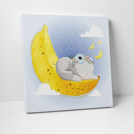 Tablouri canvas Copii - Tablou canvas cu desene pentru camera copiilor, Bebele elefant doarme pe o banana